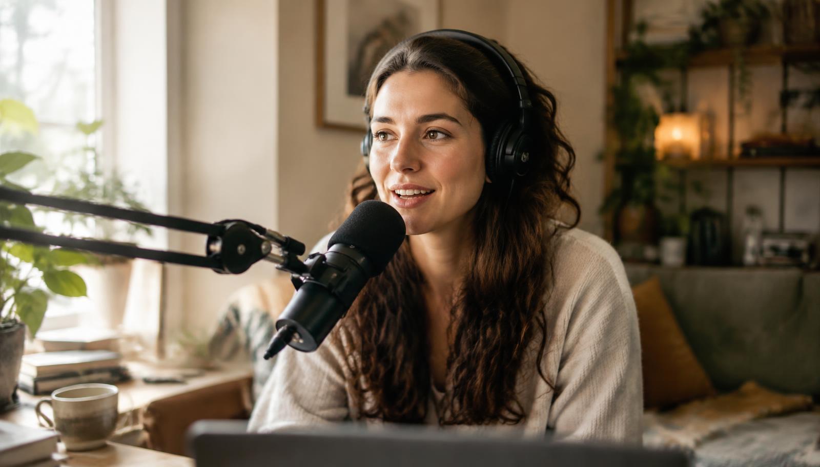 Podcast recording setup with a microphone and headphones